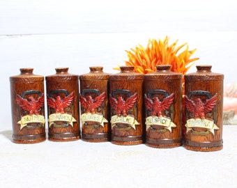 Ceramic Spice Jar Kitchen Containers, Vintage Shelf Storage, Condiments Organizer Faux Wood Handpainted