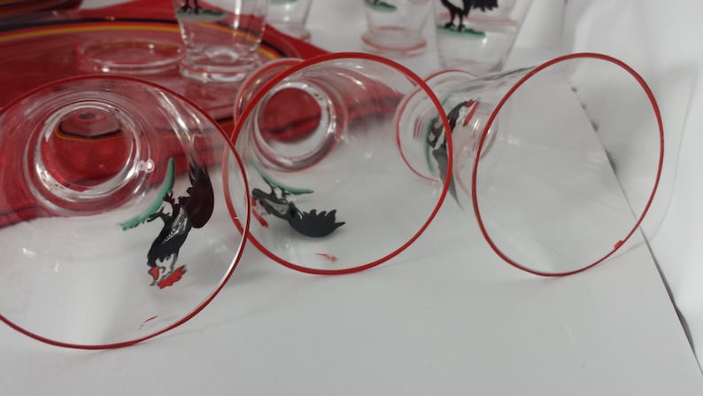 Plate and Cup Snack Tray Blown Glass Set of 12 Plates and Cups Set Rare Antique Unique Hand Painted Rooster Individual Serving Tray