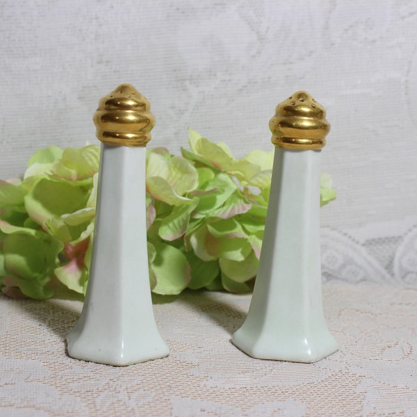 Porcelain Salt and Pepper Shakers, Vintage Hexagonal Mint Green and Gold