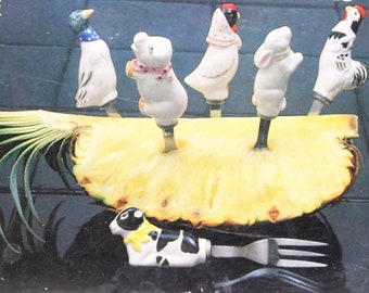 Vintage Ceramic Farm Animals Cocktail Forks, 1983 Cooks Tool LTD. Taiwan