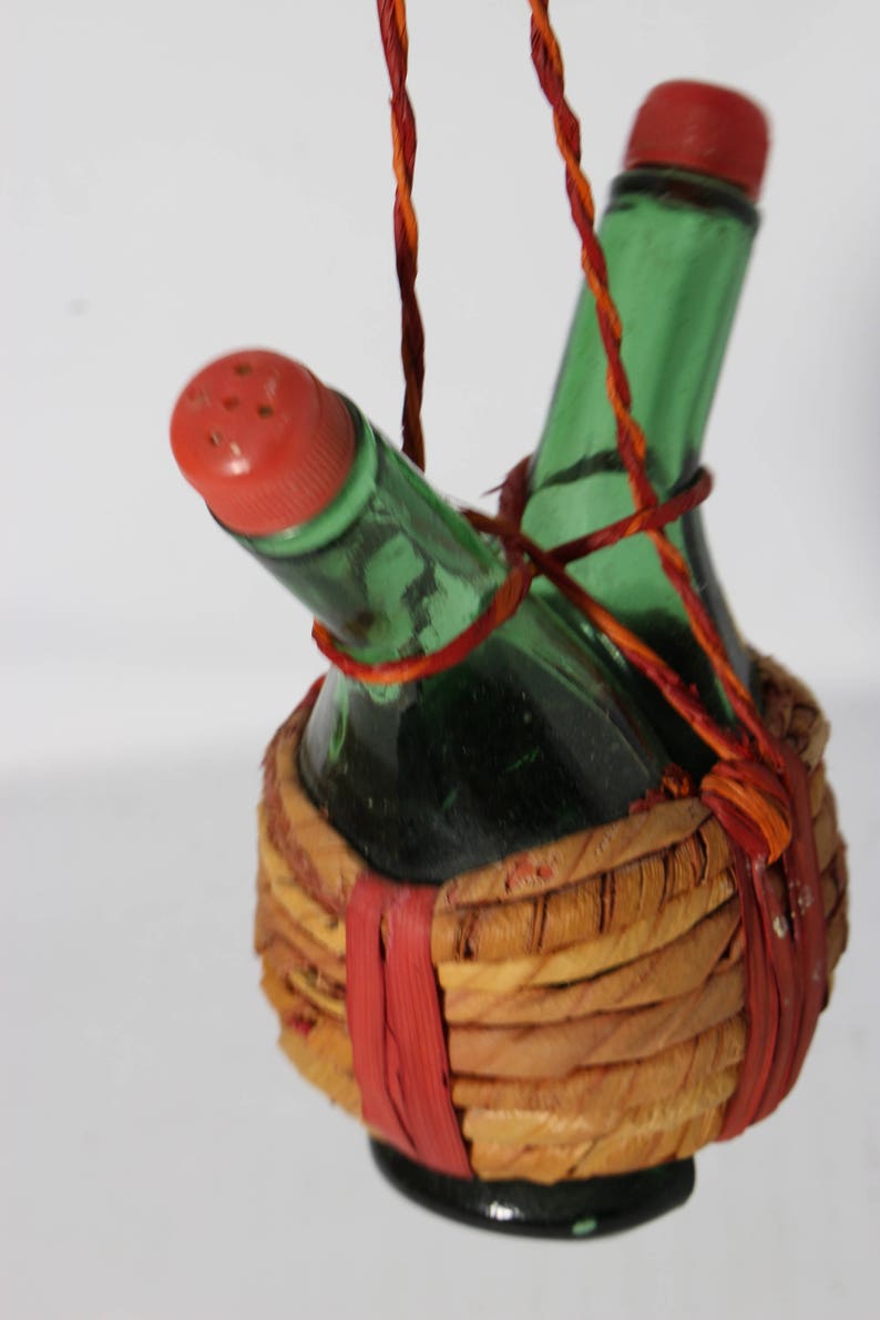 Twin Bottle Wrapped in Straw Italian Antique Green Glass Man Cave Wine Bottle Style Salt and Pepper Shakers Hanging Salt and Pepper