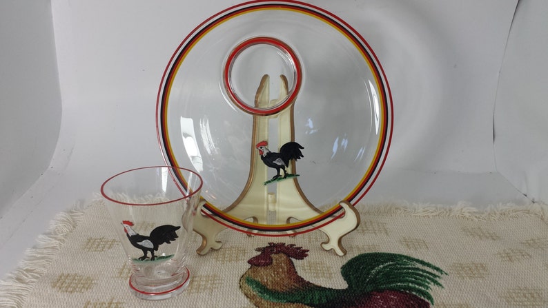 Plate and Cup Snack Tray Blown Glass Set of 12 Plates and Cups Set Rare Antique Unique Hand Painted Rooster Individual Serving Tray