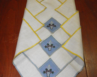 Vintage Linen Napkins, Embroidered Bride Basket, Set of 4, Bridesmaid Hankie, Something Blue