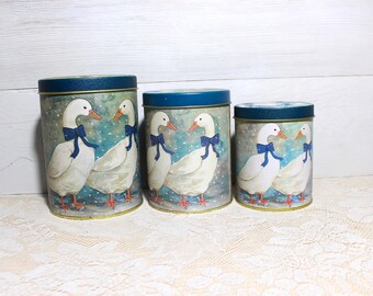 Nesting Tin Cans Set, Winter Geese Country Blue, Made in Taiwan