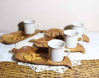 Monkey Pod Leaf Tray with Ceramic Cups: 1970s Japan, Set of 4