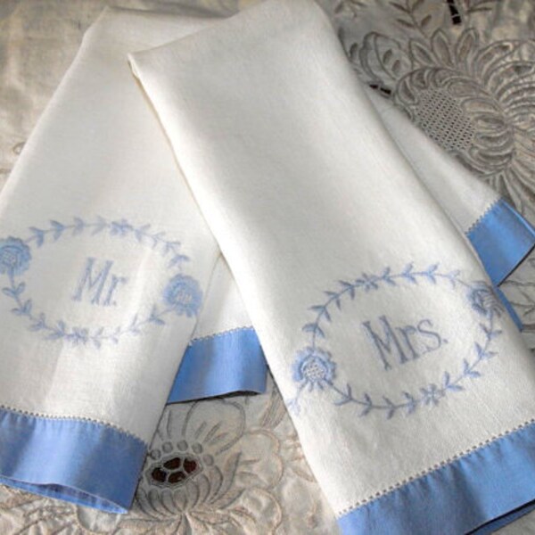 Vintage Mr. and Mrs. Embroidery Linen Hand Towels