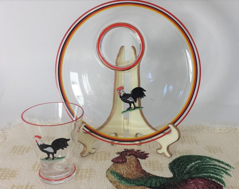 Plate and Cup Snack Tray Blown Glass Set of 12 Plates and Cups Set Rare Antique Unique Hand Painted Rooster Individual Serving Tray