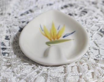 Mini Ceramic Ashtray, Hand Painted Bird of Paradise Leaf Shape