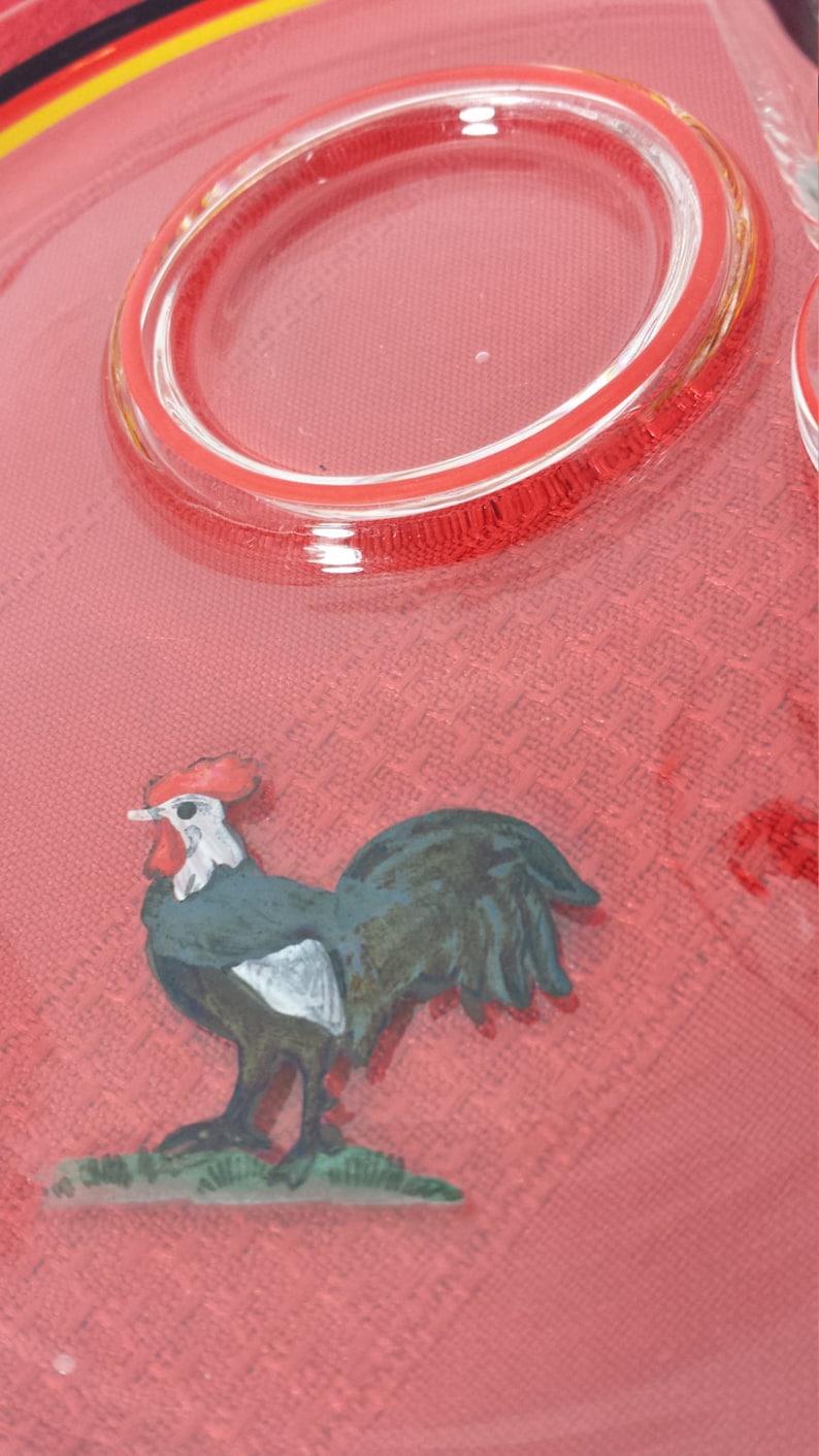 Plate and Cup Snack Tray Blown Glass Set of 12 Plates and Cups Set Rare Antique Unique Hand Painted Rooster Individual Serving Tray