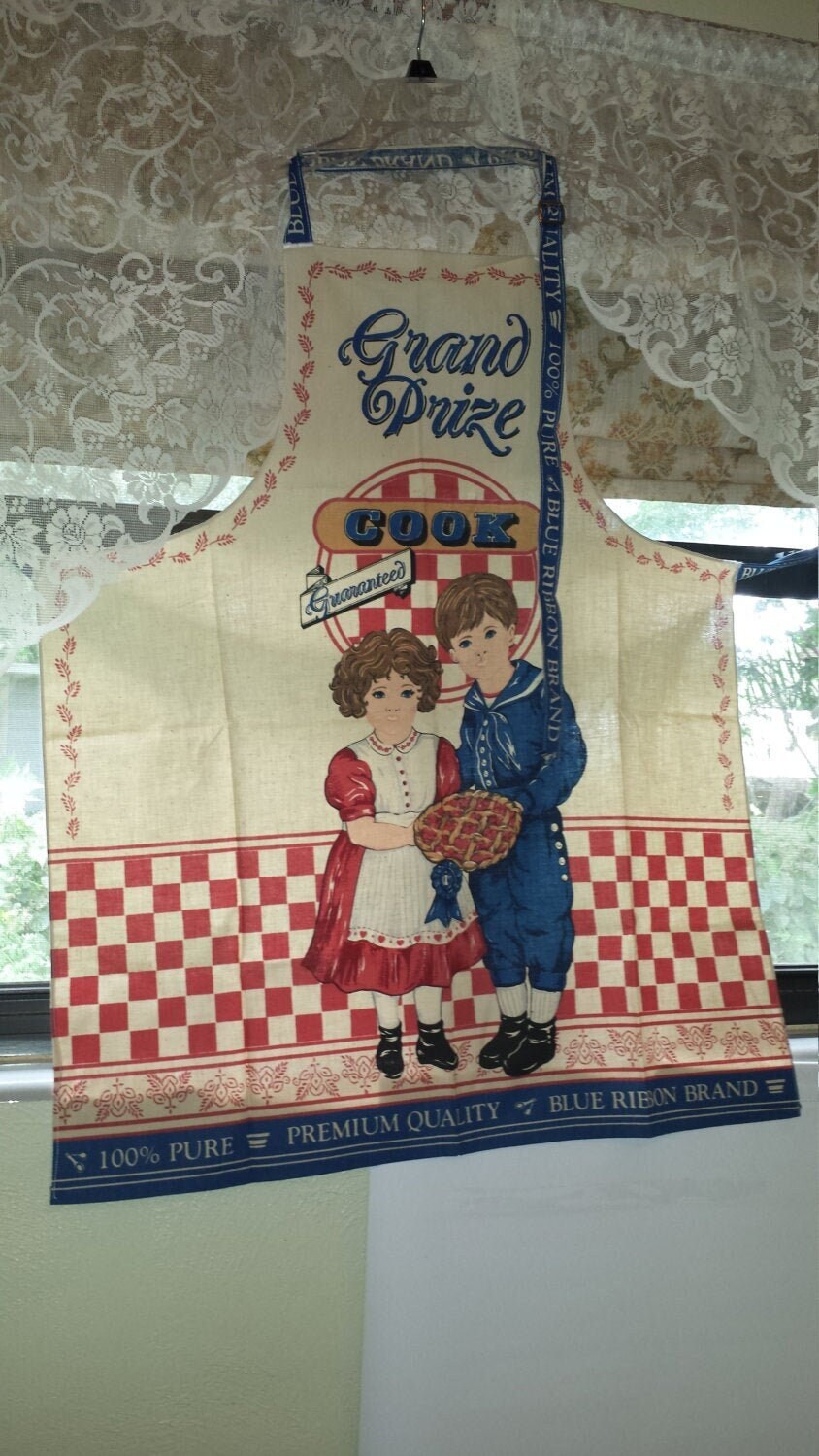 Cotton Full Apron, Red and Cream Checkers, Grand Prize COOK Blue Ribbon, Country Cottage Cherry Pie Winner