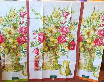 Hand Printed Linen Kitchen Towels - Floral Vase Design, Set of 3