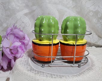 Vintage Ceramic Salt and Pepper Shaker, Large Cactus in a Metal Caddy