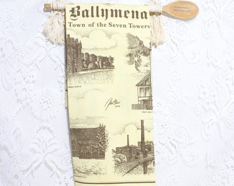 Vintage Irish Linen Kitchen Towel: Ballymena Town Print