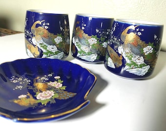 Porcelain Tea Cups and Tea Bag Holder: Cobalt Blue Peacocks