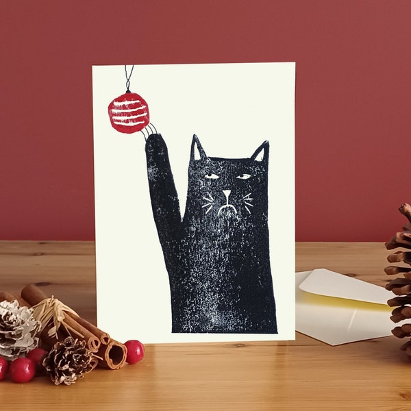 Cat handprinted A6 Christmas linoprint card/cat art print, UK