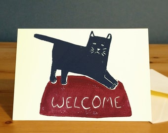 Cat housewarming card, new home cat handprinted linoprint A6 card/cat art print, UK