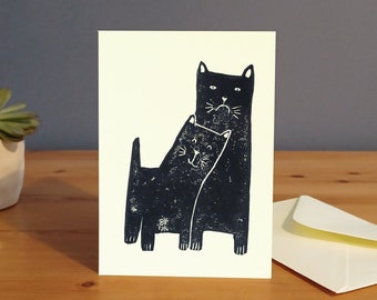 Carte de chat imprimée à la main, mariage de chat, fiançailles, carte d'anniversaire linoprint/impression d'art de chat, A6, Royaume-Uni