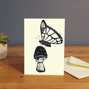 Butterfly blank card, mushroom art, mushroom picture, butterfly art print, butterfly birthday, handmade card, UK