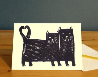 Handprinted cat Wedding day anniversary/engagement card, wedding linoprint card/cat art print, UK