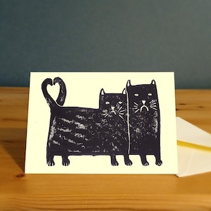 Handprinted cat Wedding day card, anniversary engagement card, wedding linoprint card/cat art print, UK