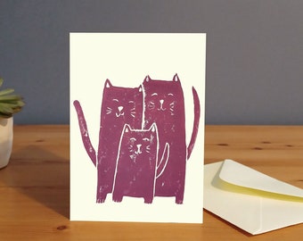Handprinted A6 cat new baby linocut art card, UK