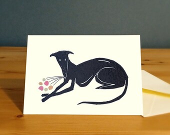 Whippet sympathy card, handmade dog get well soon card, linocut card