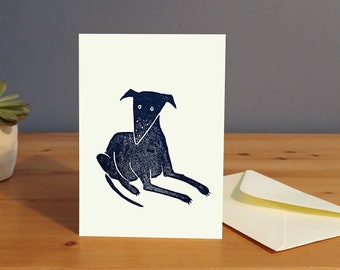 Carte Whippet, carte chien faite main, carte linogravure, Royaume-Uni