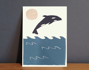 Handprinted A5 orca whale linocut art print, killer whale art, UK