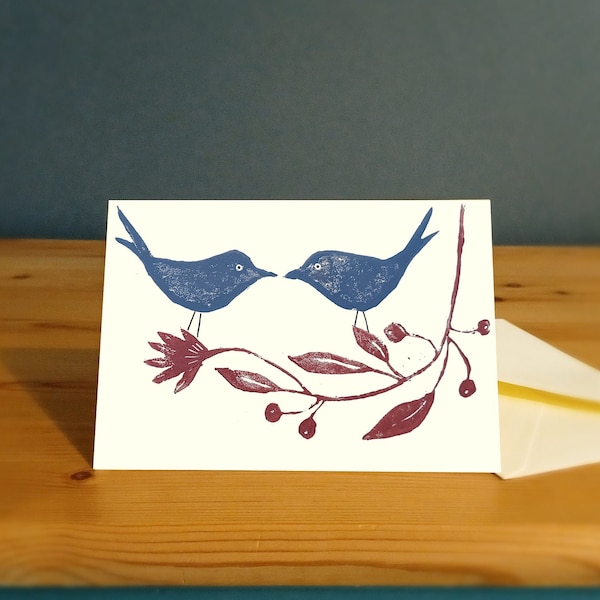 Love birds wedding, engagement, anniversary card, original handprinted linocut.