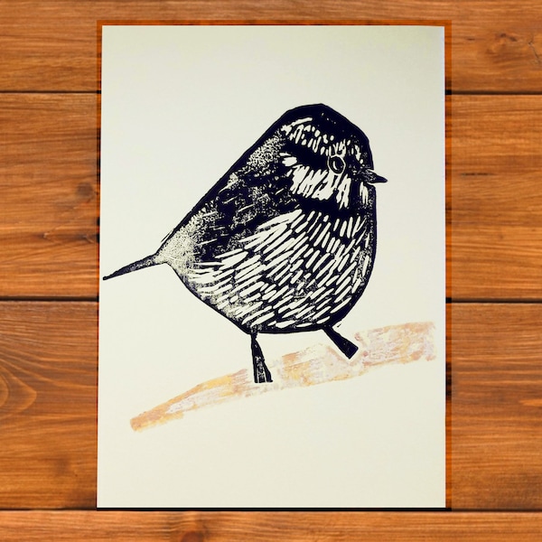 Bluetit art print, A6 bird art, handprinted, unframed, UK