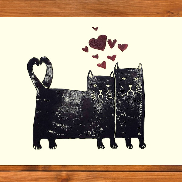 Cadeau de mariage pour chat, cadeau d'anniversaire de fiançailles pour chat, affiche artistique en linogravure A5