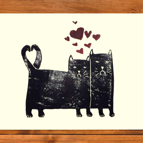 Cat wedding gift, cat engagement gift, A5 linocut art print gift, UK