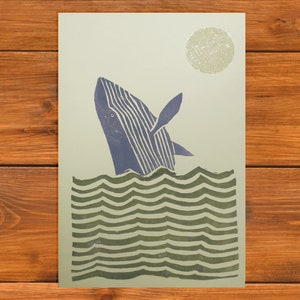 Handprinted A6 whale linocut art print, unframed, UK
