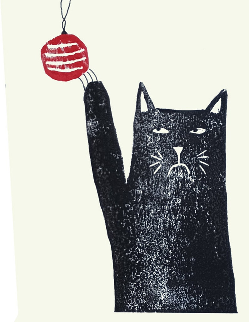 Cat handprinted A6 Christmas linoprint card/cat art print, UK image 2