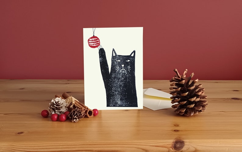 Carte de Noël linoprint A6 chat imprimée à la main/impression d'art chat, Royaume-Uni image 1