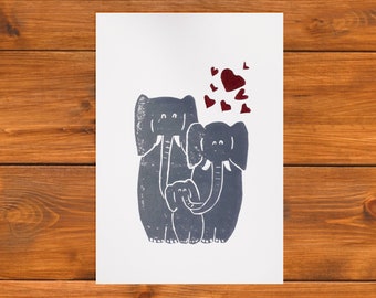 Elephant art print, new baby gift, elephant family art print, A5, unframed, UK