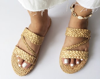 Raffia Strappy Sandals: Bohemian Straw Beach Slippers