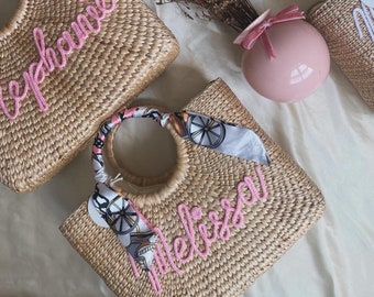BELLA ) Monogram Straw Bag, Personalized Bridesmaid Gift, Woven Beach Tote, Embroidered straw bags