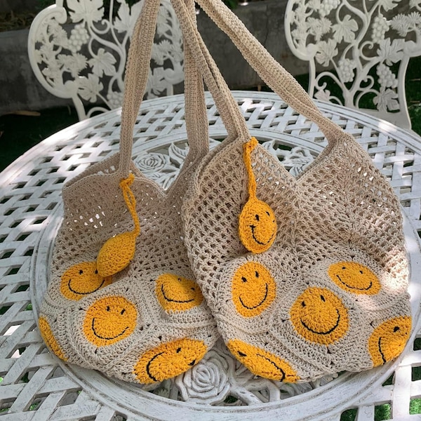 Smiley face ) Crochet bag , Bachelorette , Bespoke beach, bride shower, girl trip wedding weekend (not included keychain)