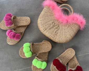 BOHP Pom Pom Sandals, Woven Water Hyacinth Slides, Beach Wedding Shoes