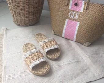 Bride Flat Sandals , Boho Water Hyacinth Beach Slippers