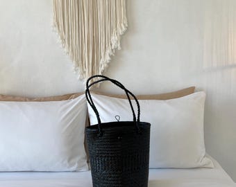 Black Straw Woven Bucket Bag, Boho Beach Tote