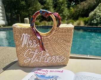 BELLA) Personalized Straw Beach, Bridesmaid Gift, Wedding Welcome, Bachelorette Party Favor embroidered tote bag
