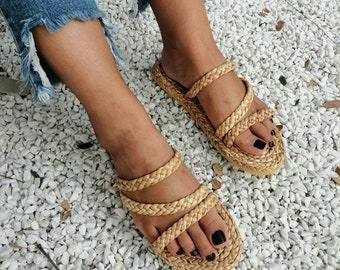 Spaghetti Yoga Hotel Wedding Welcome Bags, Strappy sandals, Beach Slippers, Straw Bohemian, raffia shoes, Greek, Hotel- BOHPChri