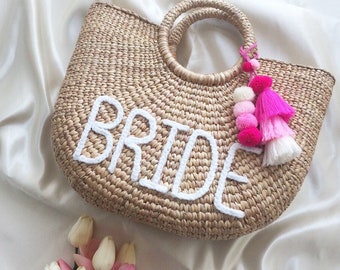 Mia ) Personalized Straw Bag with Tassel, Bridesmaid Gift, Bridal Party Bag