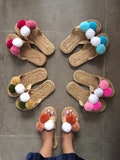 Mexico) White wedding Sandals straw with Pompoms Bridal shower / Unique bridesmaid gift ideas / Party Gifts / Bachelorette Slippers product logo