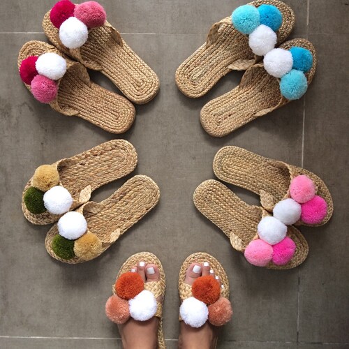 Fluffy Slippers/ Pom Poms Sandals / Greek Sandals / Beach Etsy