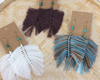 Feather Earrings,Tassel Earrings,Macrame Earrings,Bridesmaid Gift,Ecru,Leaf Earrings,Statement Earring,Fringe Earring