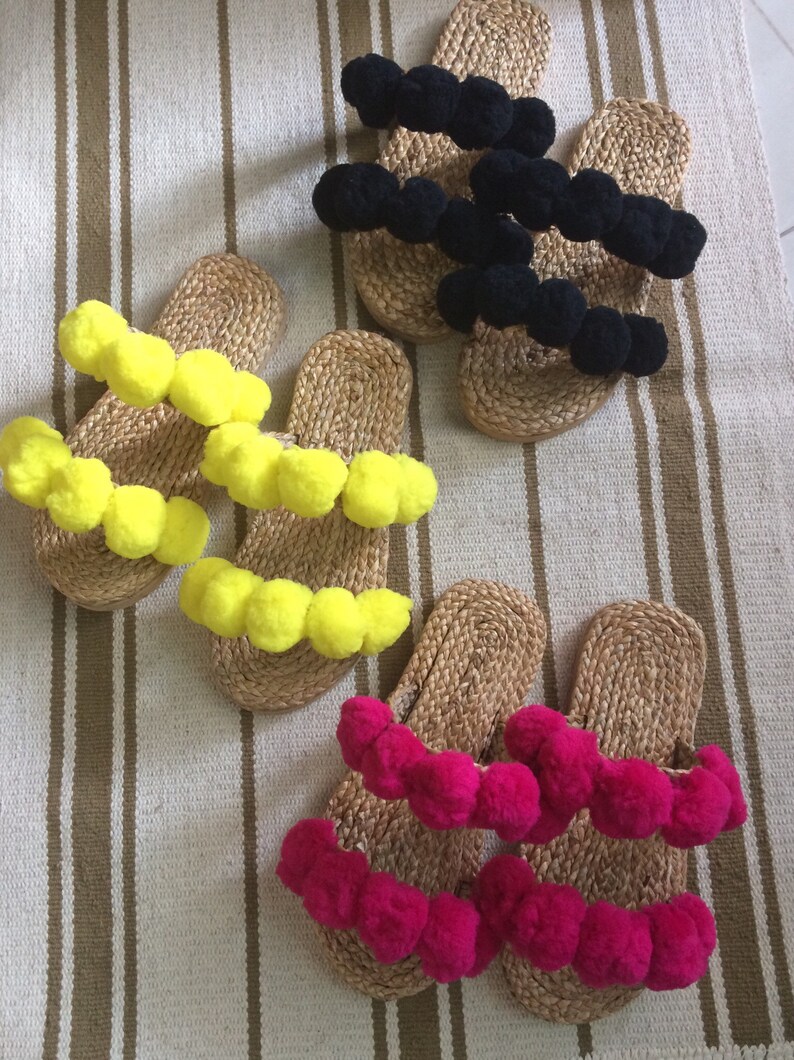 Fluffy Slippers/ Pom Poms Sandals / Greek Sandals / Beach Etsy