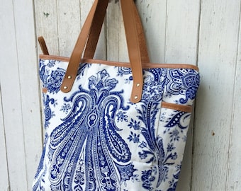 Bohemian Blue Paisley Canvas Tote Bag, Large Beach Weekender Bag